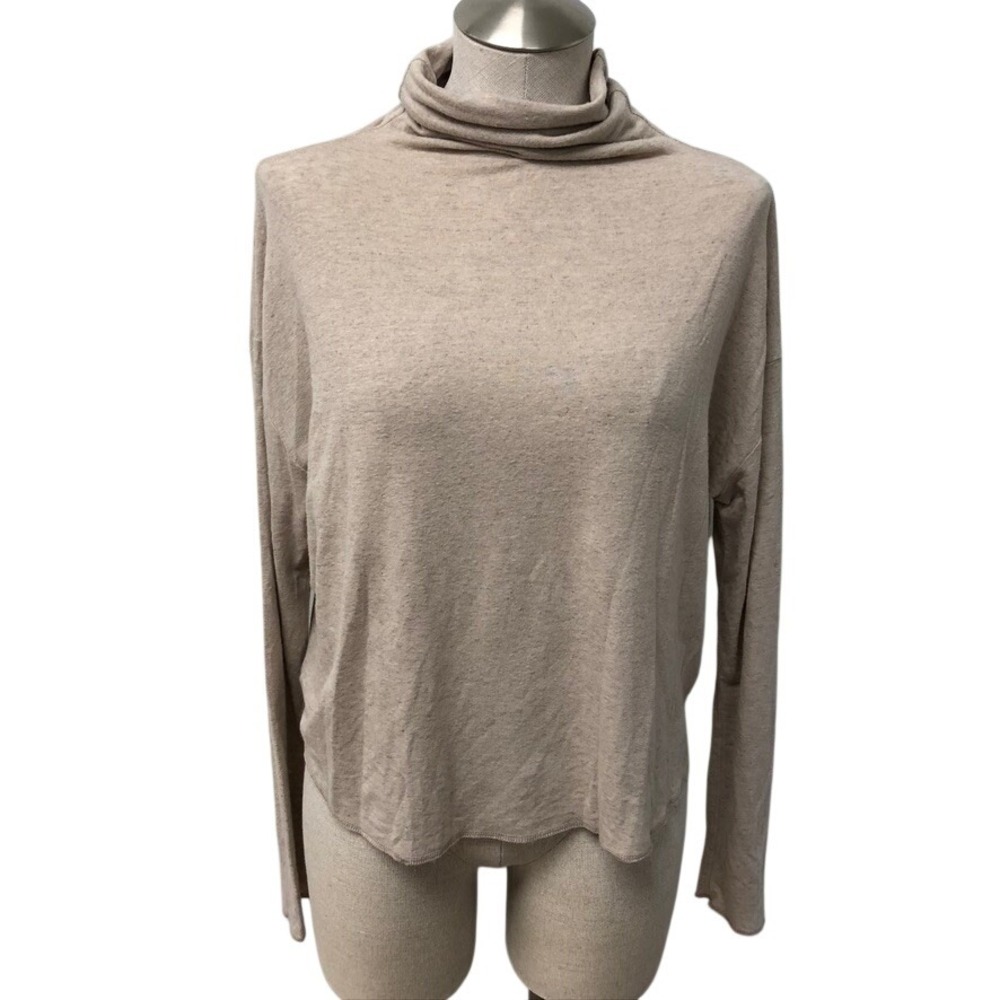Community Aritzia Turtleneck Top Women L Oatmeal Beige Linen Wool Long Sleeve